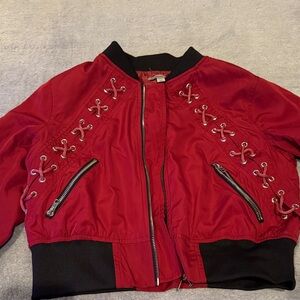 Vibrant Red Bomber Jacket with Lace-Up Design